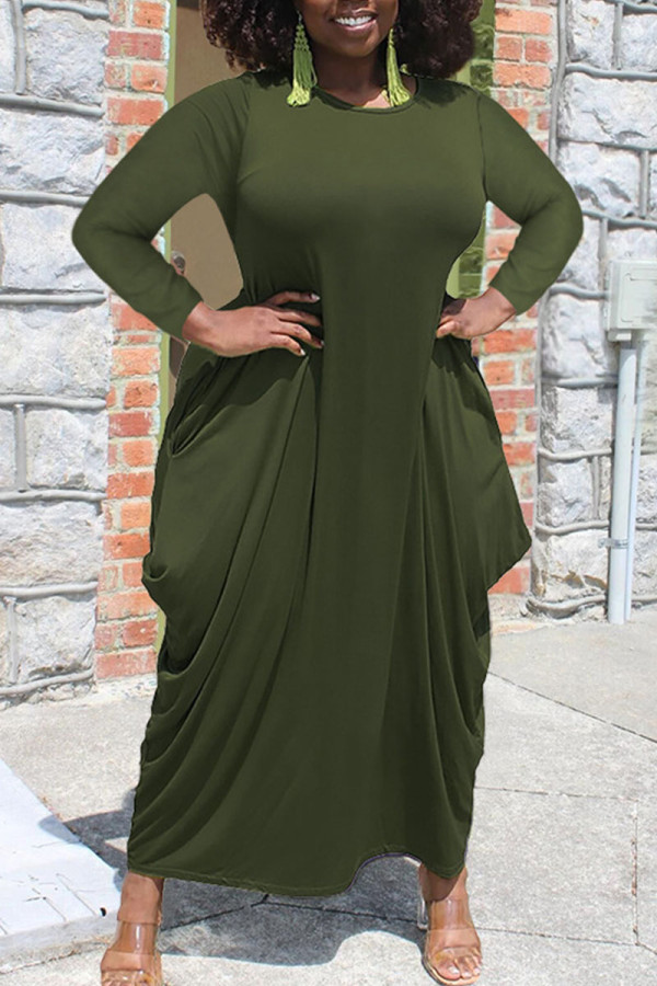 Vestido irregular con cuello en O asimétrico de patchwork sólido informal verde militar Vestidos de talla grande
