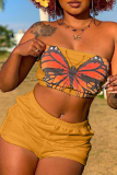 Terre Jaune Sexy Papillon Imprimé Patchwork Sans Bretelles Sans Manches Deux Pièces