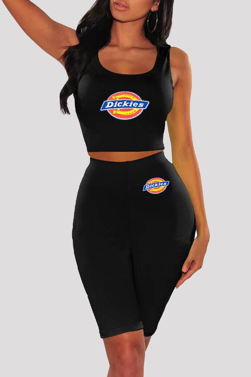

Black Casual Sportswear Print Vests U Neck Sleeveless Two Pieces