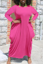 Roze casual effen patchwork asymmetrische onregelmatige jurk met ronde hals Grote maten jurken