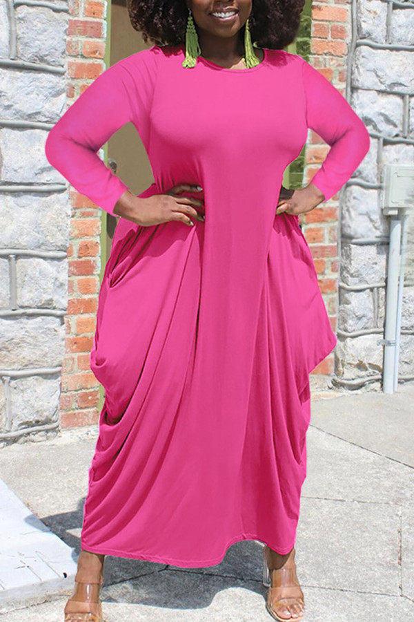 Vestido rosa casual patchwork sólido assimétrico com gola redonda vestidos tamanho grande