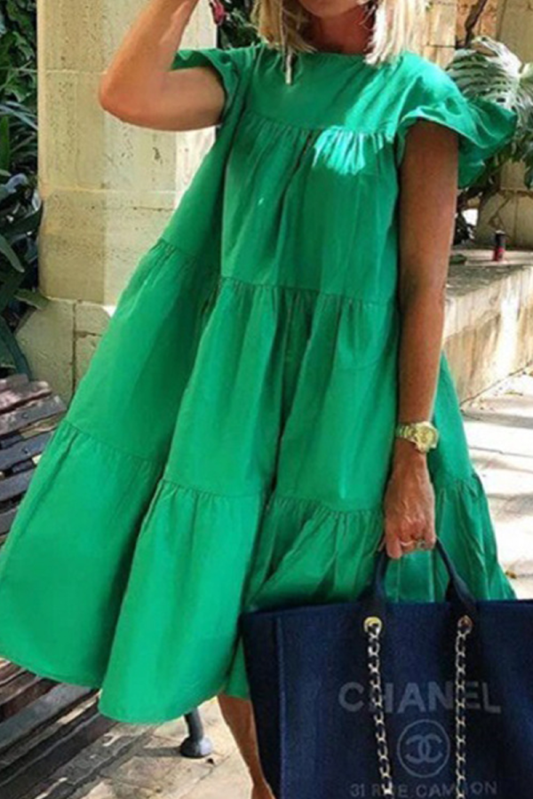 Зеленые повседневные однотонные лоскутные платья с юбкой-юбкой и круглым вырезом
