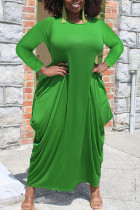 Зеленое повседневное сплошное лоскутное асимметричное платье с круглым вырезом и асимметричным платьем Платья больших размеров