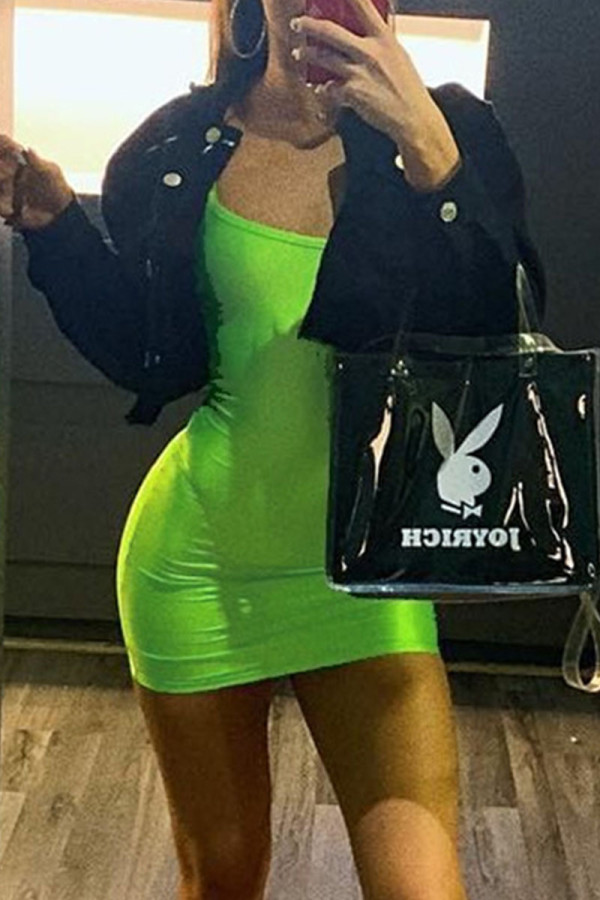 Fluorescent Green Sexy Solid Patchwork Strapless Pencil Skirt Dresses