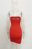Rose Red Sexy Solid Patchwork Strapless Pencil Skirt Dresses