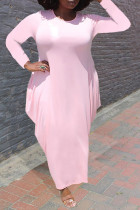 Светло-розовое повседневное однотонное лоскутное асимметричное платье с круглым вырезом асимметричного кроя Платья больших размеров