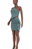 Green Sexy Solid Hollowed Out Patchwork Flounce Fold Asymmetrical Halter Sleeveless Two Pieces