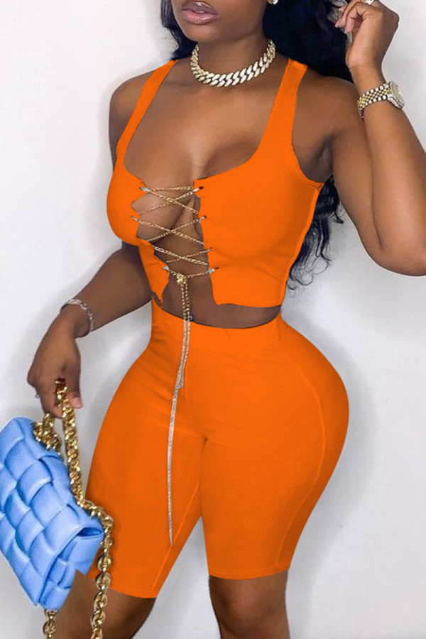 Mode Orange Sexy solide évidé chaînes U cou sans manches deux pièces