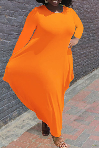 Orange Casual Solid Patchwork Asymmetrical O Neck Irregular Dress Plus Size Dresses