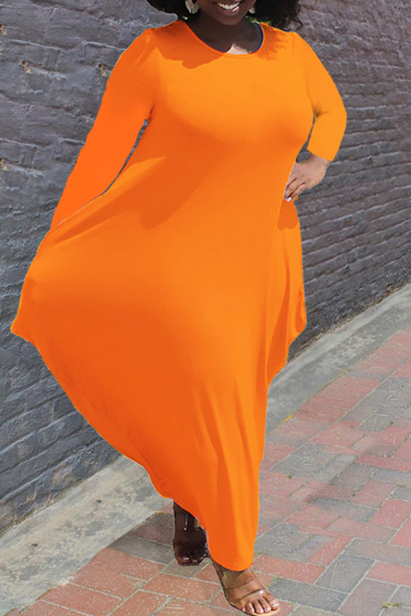 Oranje casual effen patchwork asymmetrische onregelmatige jurk met ronde hals Grote maten jurken