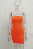 Tangerine Red Sexy Solid Patchwork Strapless Pencil Skirt Dresses