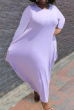 Фиолетовое повседневное однотонное лоскутное асимметричное платье с круглым вырезом и асимметричным платьем Платья больших размеров