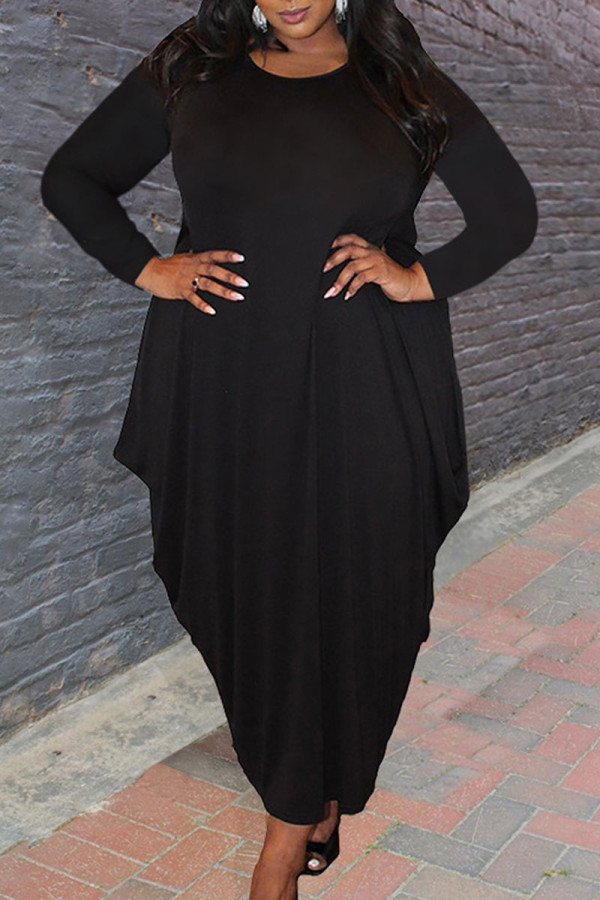 Zwarte casual effen patchwork asymmetrische onregelmatige jurk met ronde hals Grote maten jurken