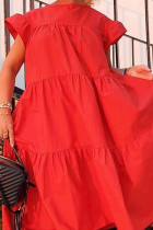 Red Casual Solid Patchwork O Neck Cake Skirt Dresses