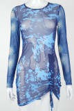 Blue Street Camouflage Print Patchwork Draw String See-through Fold O Neck Pencil Skirt Dresses
