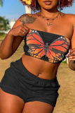 Terre Jaune Sexy Papillon Imprimé Patchwork Sans Bretelles Sans Manches Deux Pièces