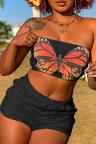 Preto sexy borboleta estampa patchwork sem alças sem mangas duas peças