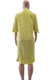 イエロー カジュアル ストライプ パッチワーク ターンダウン カラー シャツ ドレス ドレス