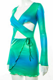 Blue Sexy Gradual Change Print Hollowed Out Patchwork Frenulum V Neck Pencil Skirt Dresses