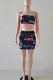 Blue Sexy Letter Print Patchwork Strapless Sleeveless Two Pieces Tube Crop Tops And Skirt Sets
