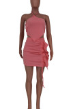 Pink Sexy Solid Hollowed Out Patchwork Flounce Fold Asymmetrical Halter Sleeveless Two Pieces