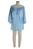 ブルー カジュアル ソリッド パッチワーク オフショルダー ケーキ スカート プラス サイズ ドレス