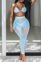 Conjunto de três peças de curativo azul claro moda sexy estampado transparente sem costas sem manga