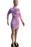Pink Purple Casual Print Patchwork O Neck Pencil Skirt Dresses