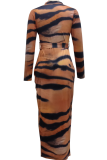 Tiger Pattern Sexy Animal Print Patchwork Zipper Collar Saia Lápis Vestidos
