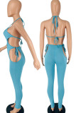 Lake Blue Sexy Solid Hollowed Out Patchwork Frenulum Backless Halter Skinny Jumpsuits