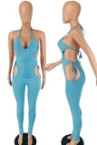 Lake Blue Sexy Solid Hollowed Out Patchwork Frenulum Backless Halter Skinny Jumpsuits