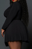 Black Casual Solid Patchwork Frenulum Asymmetrical Turndown Collar A Line Plus Size Dresses