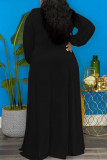 Schwarzes, elegantes, festes Patchwork-Frenulum mit hoher Öffnung und V-Ausschnitt, langärmligen Kleidern in Übergröße