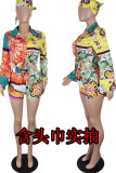 Multicolor Street Print Patchwork Buckle Turndown Collar Long Sleeve Two Pieces Contains The Scarf