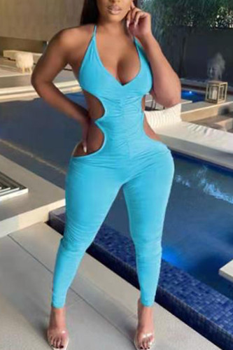 Lake Blue Sexy Solid Hollowed Out Split Joint Frenulum Backless Halter Skinny Jumpsuits
