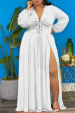Tangerine Elegantes, solides Patchwork-Frenulum-Kleid mit hoher Öffnung und V-Ausschnitt und langen Ärmeln in Übergröße