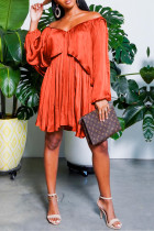 Оранжевая повседневная однотонная лоскутная юбка с открытыми плечами и тортом Платья больших размеров