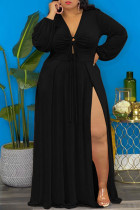 Zwarte elegante effen patchwork frenulum hoge opening v-hals lange mouw plus size jurken