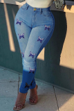 Hellblaue, lässige, schmale Denim-Jeans mit Kordelzug und Schmetterlingsdruck und mittlerer Taille