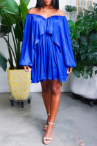 ブルー カジュアル ソリッド パッチワーク オフショルダー ケーキ スカート プラス サイズ ドレス
