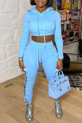 Baby Blue Fashion Casual Solid Bandage Hollowed Out Long Sleeve Two Pieces