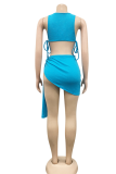 Blue Sexy Solid Patchwork O Neck Sleeveless Two Pieces