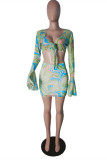 Light Green Fashion Sexy Print Bandage See-through V Neck Long Sleeve Two Pieces