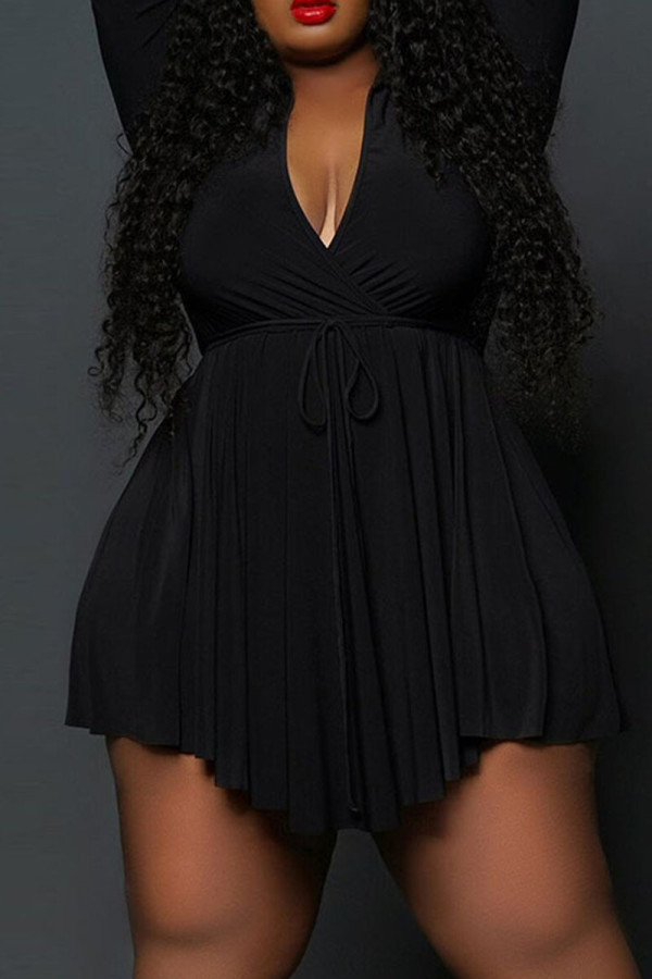 ブラック カジュアル ソリッド パッチワーク 小帯 非対称 ターンダウン カラー Aライン プラスサイズ ドレス