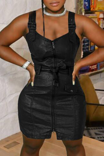 Black Sexy Solid Patchwork V Neck Pencil Skirt Dresses