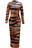 Тигровый узор, сексуальный животный принт, лоскутное платье-юбка-карандаш с воротником-молнией