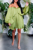 Groen Casual effen patchwork Off-shoulder taartrok Grote maten jurken