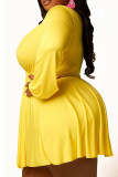 Yellow Casual Solid Patchwork Frenulum Asymmetrical Turndown Collar A Line Plus Size Dresses