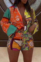 Multicolor Street Print Patchwork Buckle Turndown Collar Long Sleeve Two Pieces Contains The Scarf