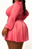 ピンク カジュアル ソリッド パッチワーク 小帯 非対称 ターンダウン カラー Aライン プラスサイズ ドレス